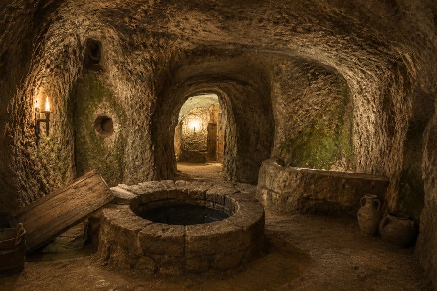 An underground stone chamber contains a circular well surrounded by rough walls and arched passageways. Wells like this provided an important water source inside medieval castles.