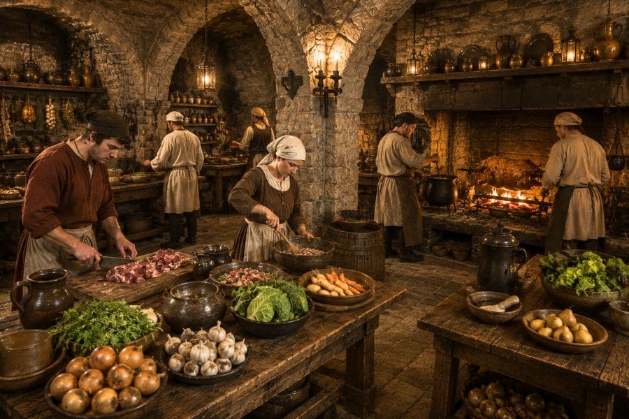 Cooks prepare meat and vegetables around wooden tables and a large open fireplace in a medieval kitchen. Pots and ingredients fill the stone room as several people work together preparing food.