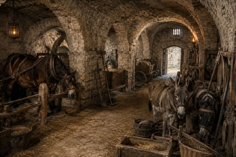 Horses and donkeys stand in stalls inside a vaulted stone stable with straw covering the floor. The stable shows where working animals could have been housed within medieval castles.