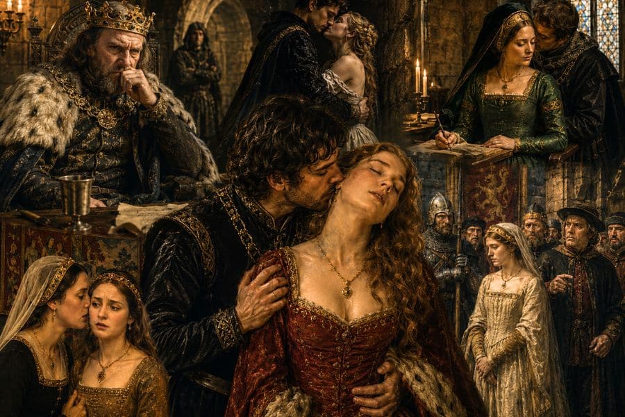 Medieval court scenes depicting secrecy and intimacy among richly dressed nobles. A king sits deep in thought while couples whisper and embrace around him evoking the intrigue of royal affairs in medieval England.