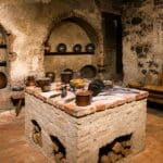 A historic stone kitchen has a large central brick cooking hearth covered with copper pots and long handled utensils. Shelves, benches, and arched wall recesses hold additional cookware used for food preparation.
