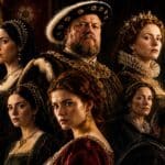 Seven figures in elaborate Tudor court clothing pose in a candlelit royal setting with a stern king at the center. The dramatic costumes crowns jewelry and palace backdrop evoke TV Shows set in the Tudor Court.