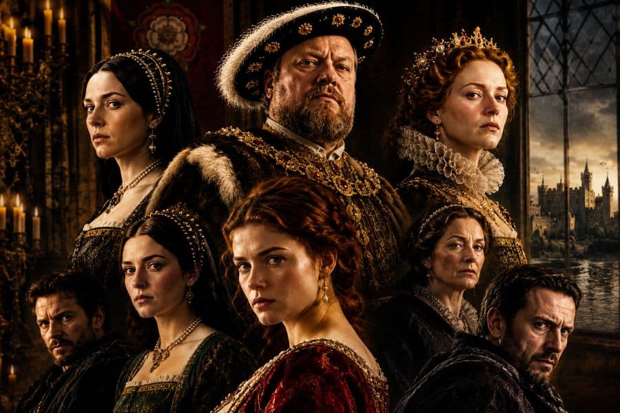 Seven figures in elaborate Tudor court clothing pose in a candlelit royal setting with a stern king at the center. The dramatic costumes crowns jewelry and palace backdrop evoke TV Shows set in the Tudor Court.