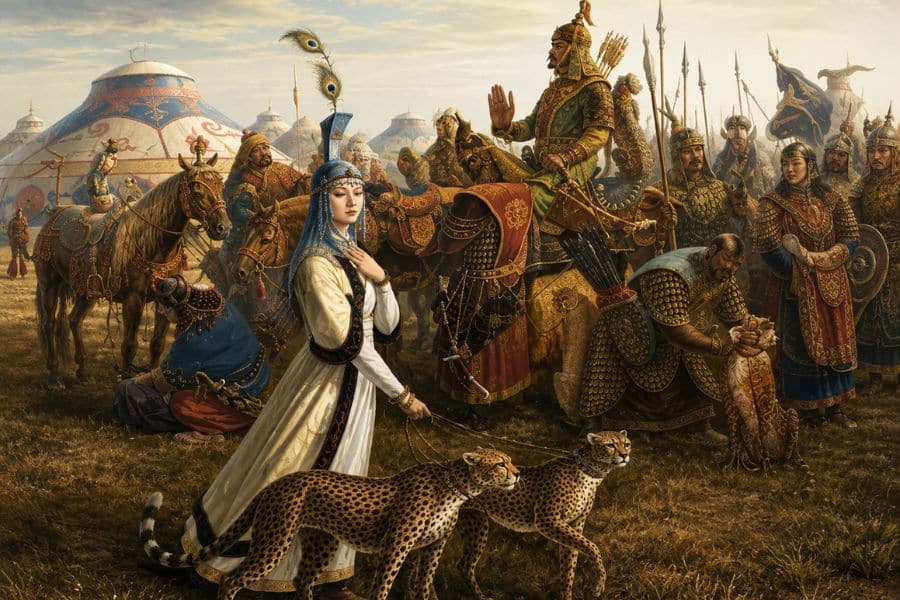 A richly detailed historical scene of Mongols gathered at a large encampment with horses and decorated tents. An elaborately dressed woman leads two cheetahs in the foreground while an armored mounted leader and soldiers gather behind her.