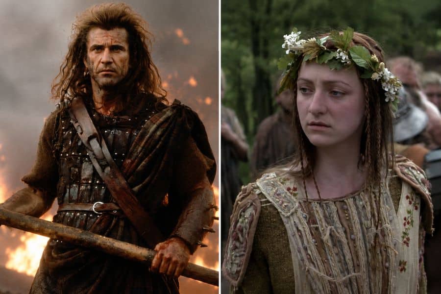 A rugged medieval warrior in leather armor grips a wooden pole beside a young woman wearing a flower crown and embroidered dress. The split scene evokes the medieval setting often associated with discussions of whether prima nocta existed.