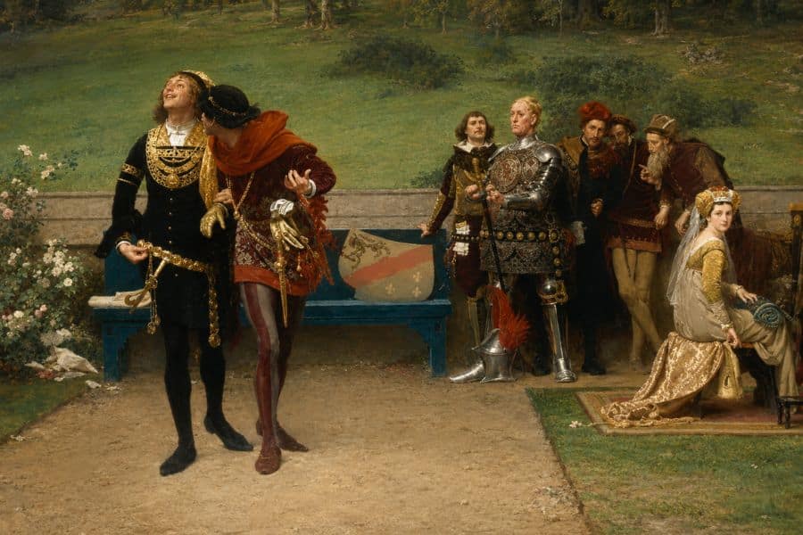 Medieval nobles gather in a palace garden as one man leans closely toward another while courtiers watch nearby. The private exchange amid the royal court suggests the secrecy and gossip surrounding royal affairs in medieval England.