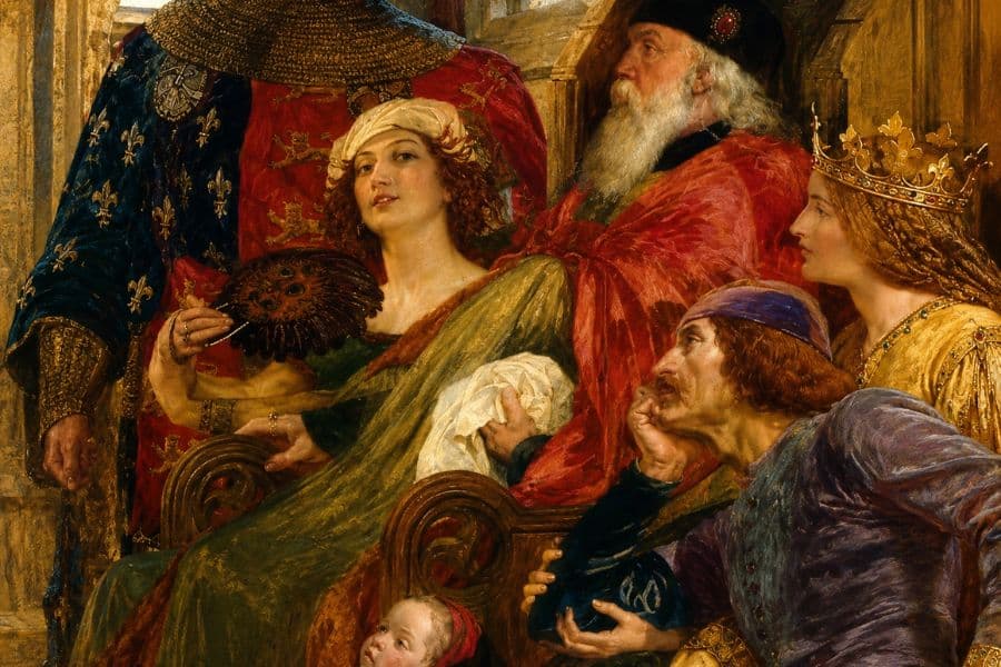 Elaborately dressed medieval courtiers sit together at a royal gathering. A woman in green holds a feathered fan while a crowned woman and other nobles look toward activity outside the frame.