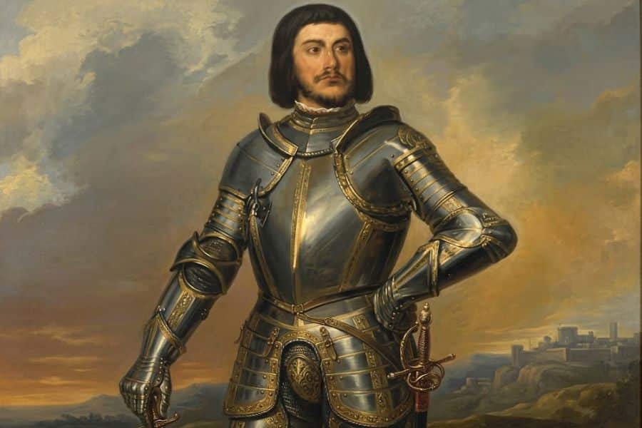 An armored commander stands with one hand at his sword beneath a dramatic cloudy sky with a distant fortress behind him. The imposing pose and weaponry give the portrait a foreboding tone suited to a discussion of villains of the Middle Ages.