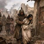 Mongol soldiers move through a war damaged settlement filled with rubble and smoke. An armored soldier restrains a distressed woman as an older woman reaches toward her from a doorway.