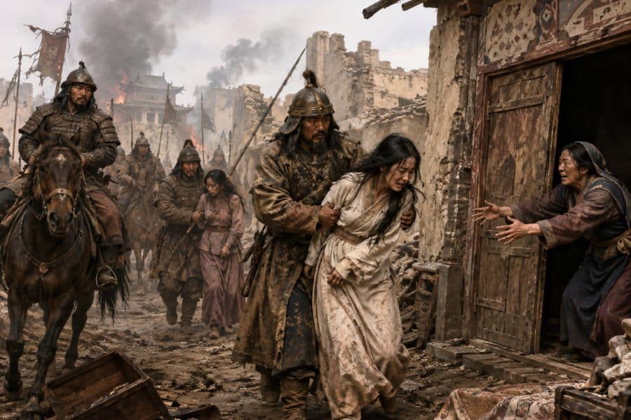 Mongol soldiers move through a war damaged settlement filled with rubble and smoke. An armored soldier restrains a distressed woman as an older woman reaches toward her from a doorway.