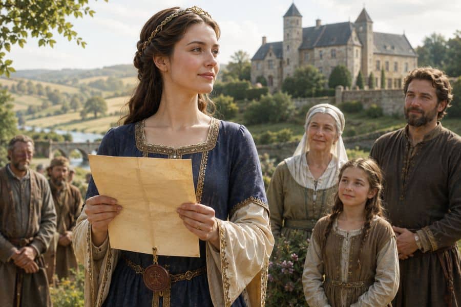 Medieval women and a castle in the background with one woman holding a scroll parchment