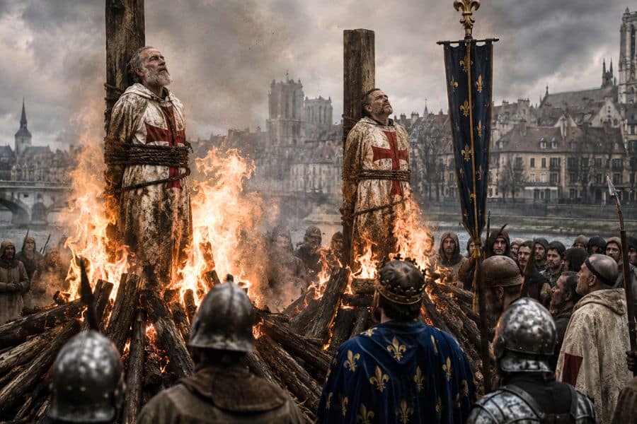 A painting of two of the Knights Templar being burned at the stake by Philip IV of France