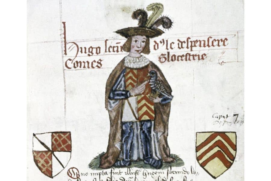 Medieval manuscript illustration of a nobleman wearing a feathered hat and heraldic tunic between two coats of arms. Handwritten text surrounds the figure including the partially legible words "Hugo" and "Comes."