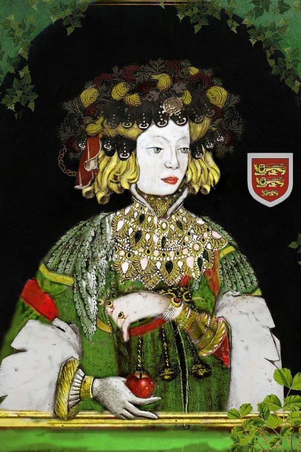 Portrait of a medieval noblewoman in an elaborate green gown covered with jewels and pearls. She wears an ornate floral headdress and holds a small red fruit while a heraldic shield with three golden lions appears beside her.