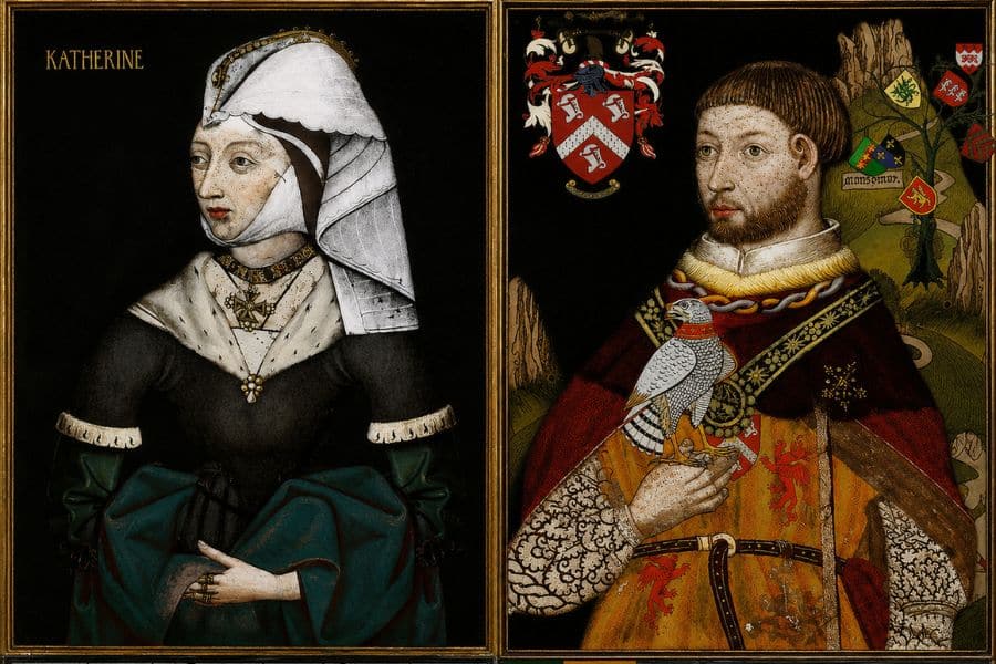 Paired medieval portraits show a noblewoman in a white headdress and dark gown beside a nobleman holding a falcon. Heraldic crests and family symbols surround the richly dressed couple suggesting their status within the medieval aristocracy.