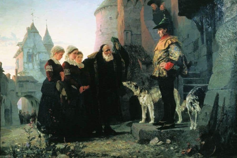 A historical painting shows three women and an older man standing before a richly dressed nobleman outside a stone castle. Two large dogs stand between the groups as the nobleman looks down from the steps.