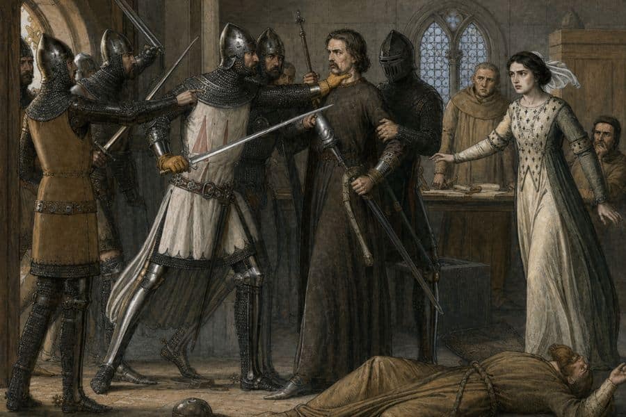 Armed medieval knights confront a nobleman inside a stone chamber while a distressed woman reaches toward the group. A bound figure lies on the floor as clergy and other witnesses watch the tense confrontation.