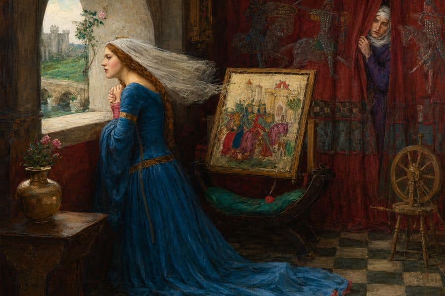 Medieval noblewoman in a flowing blue gown stands anxiously beside an open window overlooking a distant castle. A painted court scene and spinning wheel fill the richly decorated chamber creating a sense of private longing and courtly intrigue.