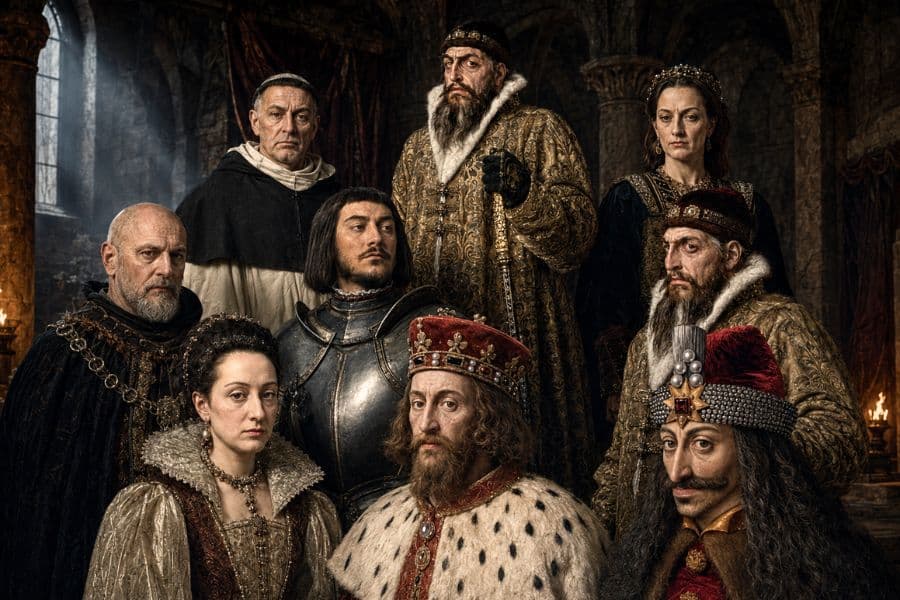 Eight historical figures including rulers nobles a cleric and an armored warrior are assembled inside a shadowy stone hall. Their elaborate crowns robes armor and severe expressions create a dramatic introduction to villains of the Middle Ages.