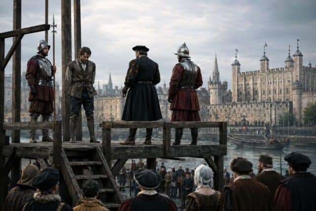 A prisoner with his hands behind his back stands on a wooden execution platform between two armored guards and an official as a crowd watches below. The Tower of London rises across the River Thames beneath a grey sky and sets a grim scene of punishment for treason in Tudor England.