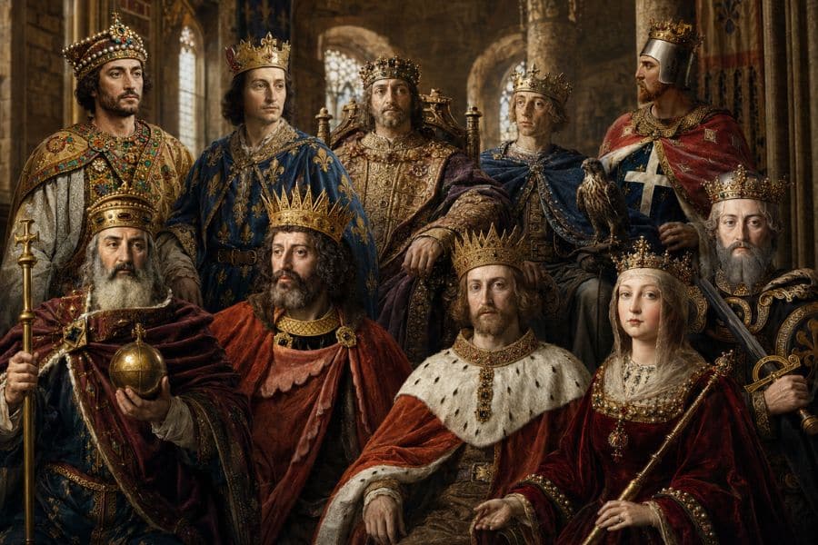 A formal gathering of medieval monarchs fills a stone castle hall with crowned rulers arranged around a central throne. Their jeweled robes and royal objects include swords and a scepter and an orb and a falcon.