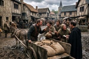 A crowded medieval times village market with timber and stone buildings lining a muddy street. Villagers argue beside a donkey drawn wooden cart loaded with burlap sacks while a church tower rises in the background.
