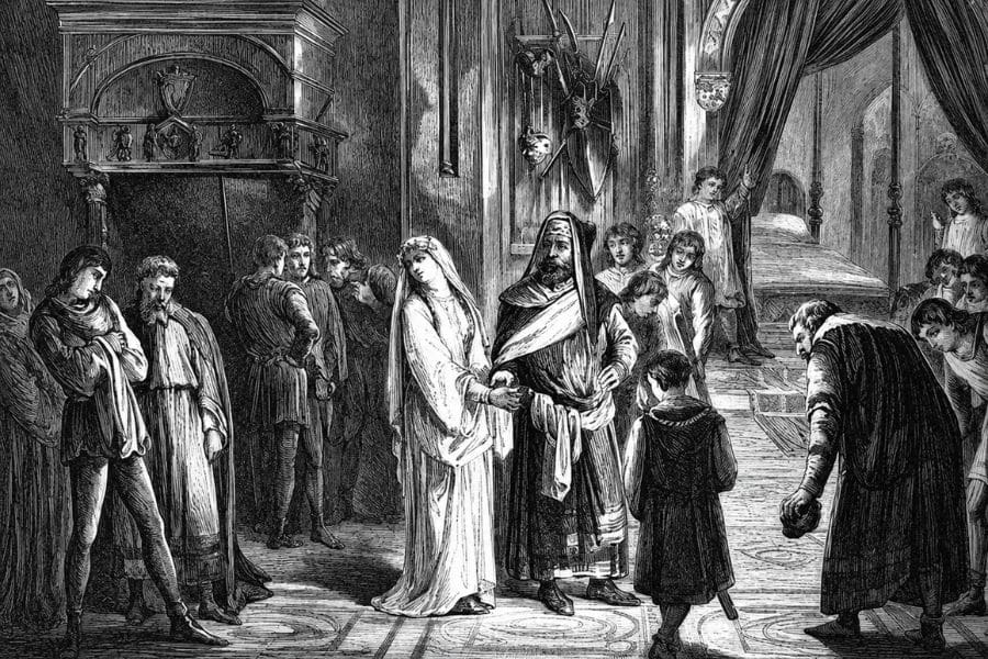 A black and white historical engraving shows a young woman in a long white gown being led through a crowded castle chamber by an older robed man. Onlookers gather around them while a curtained bed is visible in the background.