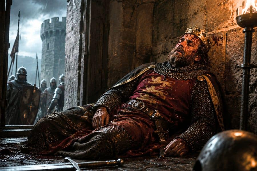 A bloodied medieval king wearing a crown and chain mail slumps against a stone wall while armored soldiers gather outside the castle doorway. The fallen sword and helmet emphasize the brutal death of a ruler after battle.
