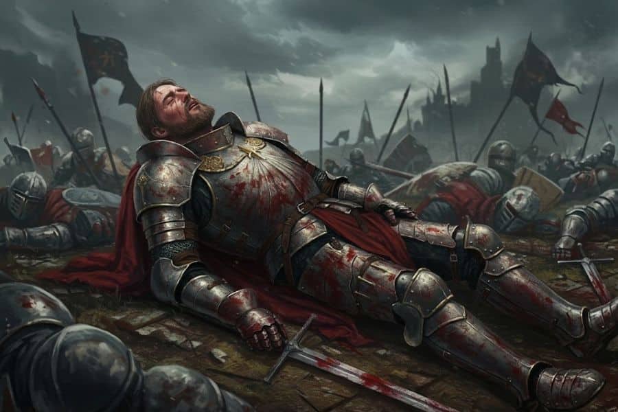 A wounded medieval knight in bloodstained plate armor lies among fallen soldiers on a dark battlefield. He leans back beneath a stormy sky with a bloodied sword on the ground beside him and fighting continuing in the distance.