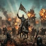 Medieval knights charge on horseback through a battlefield toward a burning fortified city. The leading knight raises a tattered banner while wooden siege towers explode in flames and smoke behind the cavalry.