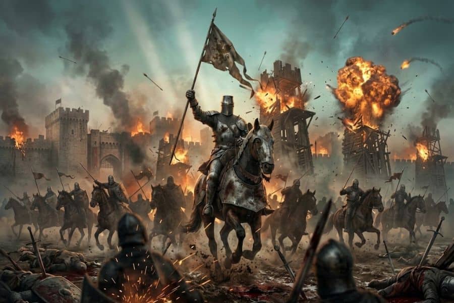 Medieval knights charge on horseback through a battlefield toward a burning fortified city. The leading knight raises a tattered banner while wooden siege towers explode in flames and smoke behind the cavalry.