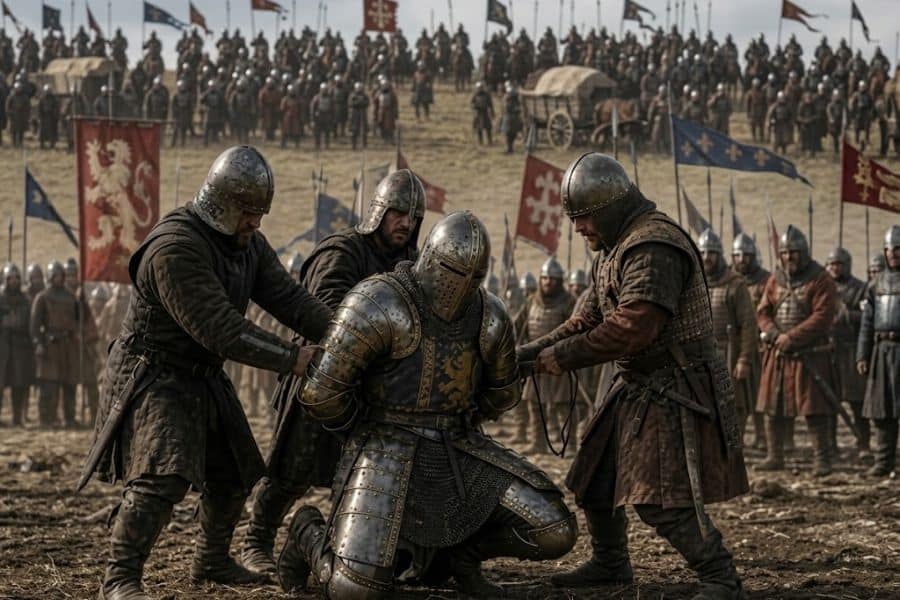 Three soldiers restrain a medieval knight in full plate armor as he kneels on a muddy battlefield. Rows of armed soldiers and colorful heraldic banners fill the field behind them.