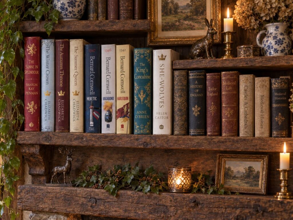 A candlelit wooden bookshelf styled with books about the Plantagenets alongside antique paintings dried flowers greenery blue and white pottery and bronze animal figures.
