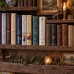 A candlelit wooden bookshelf styled with books about the Plantagenets alongside antique paintings dried flowers greenery blue and white pottery and bronze animal figures.