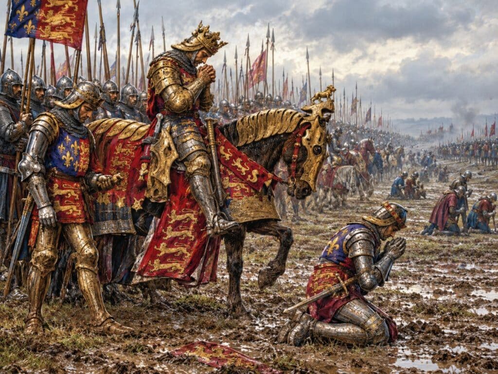 A crowned medieval king in ornate armor sits on horseback with his hands clasped in prayer while armored soldiers kneel and gather around him on a muddy battlefield. English royal banners and rows of troops fill the background before the Battle of Agincourt.