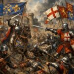 A dramatic depiction of the Hundred Years' War shows armored knights fighting on horseback and on foot beneath blue red and white heraldic banners. Castle towers and smoke fill the background as soldiers clash with swords shields and spears across the crowded battlefield.