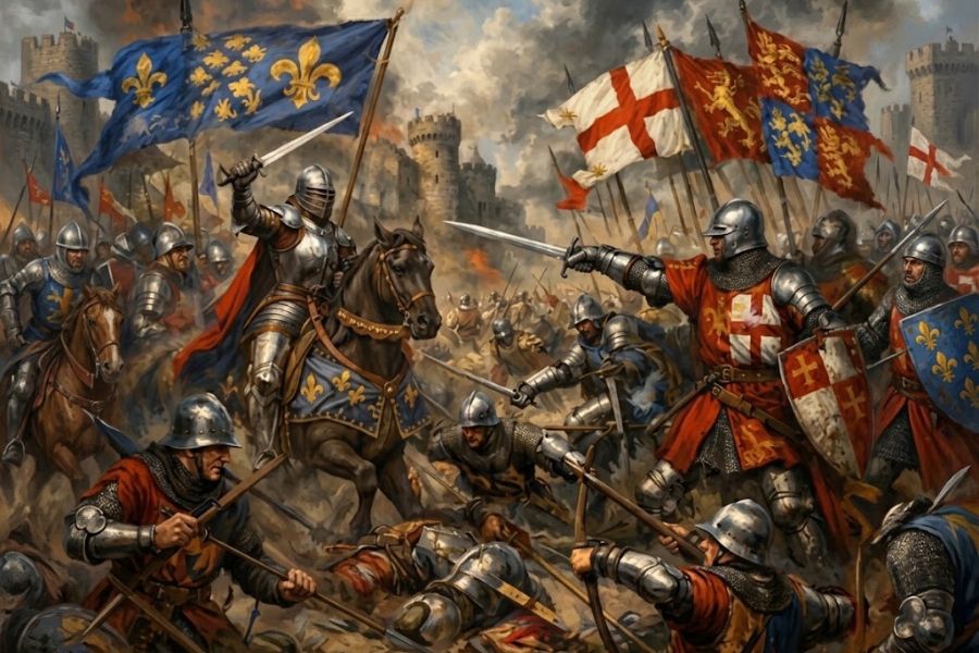 A dramatic depiction of the Hundred Years' War shows armored knights fighting on horseback and on foot beneath blue red and white heraldic banners. Castle towers and smoke fill the background as soldiers clash with swords shields and spears across the crowded battlefield.