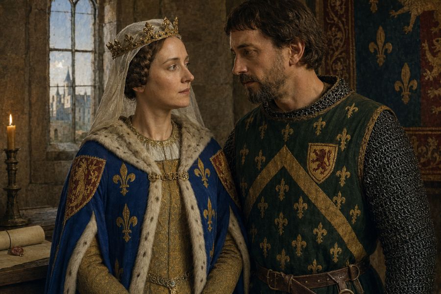 A crowned woman in blue and gold medieval robes stands closely beside a bearded man in chain mail and a green fleur de lis tunic inside a stone chamber. Their serious expressions and intimate stance evoke Isabella of France and Roger Mortimer in a tense royal court setting.
