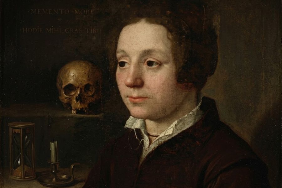 Dark painted portrait of a Tudor era woman seated beside a human skull an hourglass and a candle as symbols of mortality. The background includes the text "MEMENTO MORI" and "HODIE MIHI CRAS TIBI".