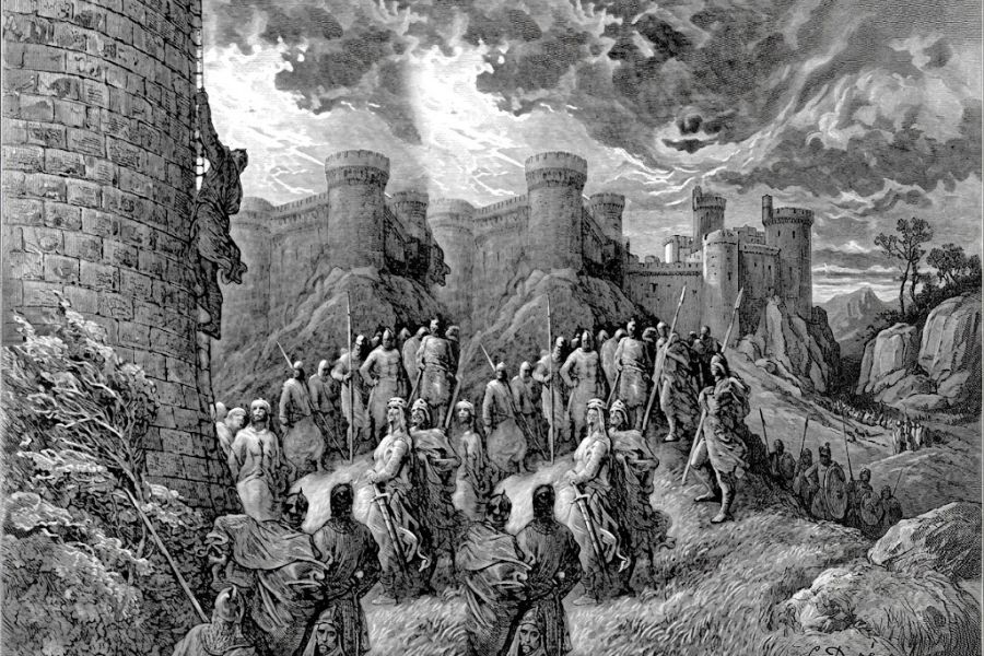 Black and white engraving of an army advancing through rocky terrain toward a massive stone castle with round towers. Armored soldiers and mounted figures crowd the foreground beneath a dark stormy sky.