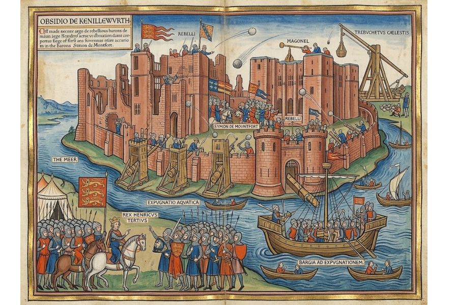 Illustrated account of the Siege of Kenilworth showing soldiers attacking a red brick castle with siege engines boats ladders and projectiles. Visible text includes "OBSIDIO DE KENILLEWORTH". "REBELLl". "MAGONEL". "TREBVCHETVS CELESTIS". "SYMON DE MOUNTFORT". "THE MEER". "EXPVGNATIO AQVATICA". "REX HENRICVS TERTIVS". "BARGIA AD EXPVGNATIONEM". Smaller Latin text beneath the title is not clear enough to transcribe reliably.