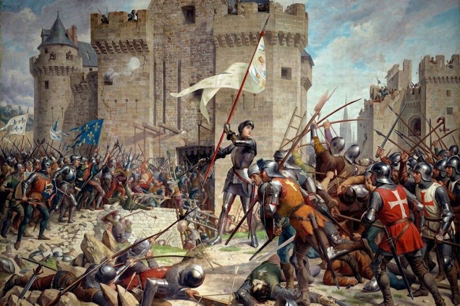 Armored soldiers clash outside a stone fortress while a central fighter raises a white banner above the battle. Fallen soldiers broken weapons and tightly packed troops convey the violence of medieval sieges fought at castle walls.