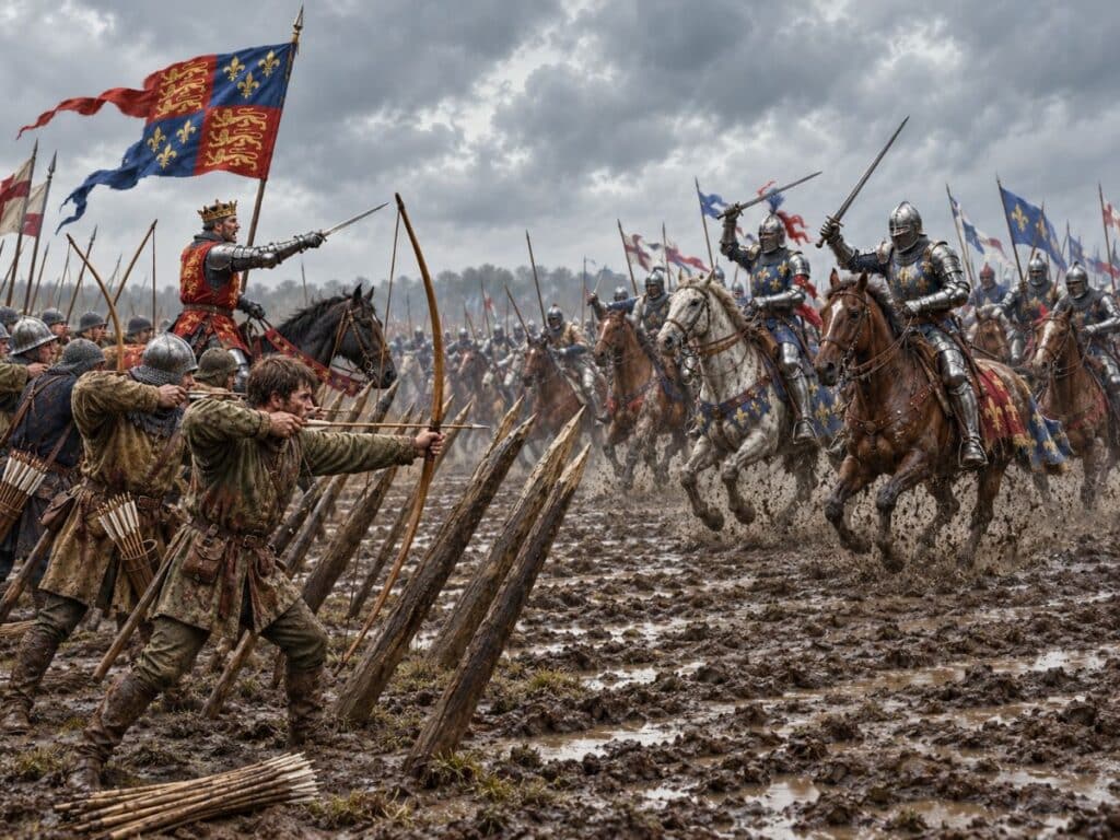 English archers behind wooden stakes aim longbows toward mounted French knights charging through deep mud. A crowned king on horseback raises his sword beneath English banners during the Battle of Agincourt.