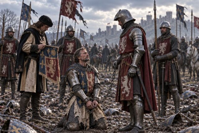 A chained medieval hostage kneels on a muddy battlefield before an armored guard while soldiers surround them. Torn banners and fallen armor cover the ground with a large stone castle rising in the distance.