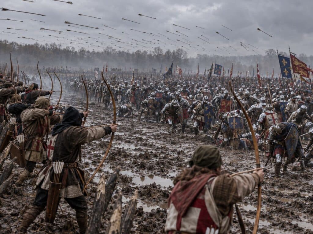 English archers fire volleys of arrows toward a dense formation of armored soldiers advancing across a muddy battlefield. Hundreds of arrows fill the gray sky as troops carrying heraldic banners struggle forward during the Battle of Agincourt.