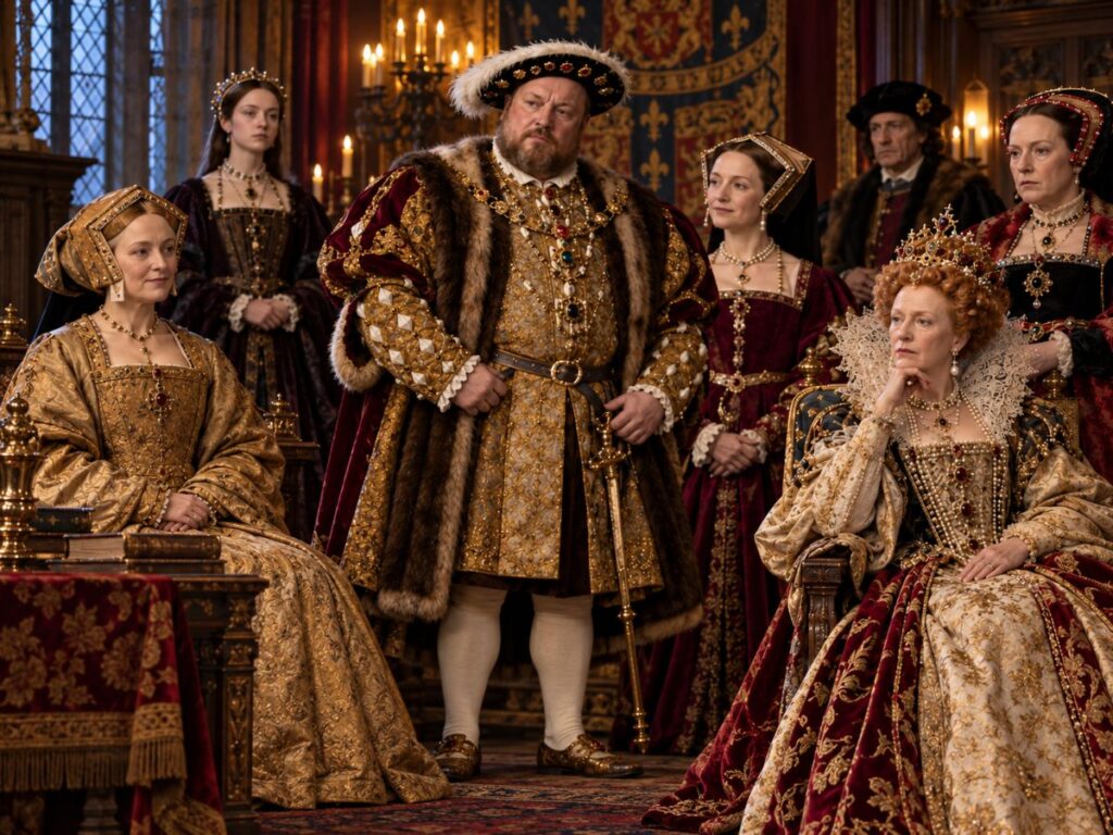 A group of Tudor royals dressed in elaborate gowns and fur trimmed robes gathered around a king resembling Henry VIII in a grand palace chamber. The historical scene evokes the Tudor myths surrounding Henry VIII and the women of his court.