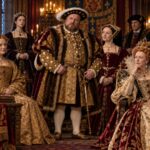 A group of Tudor royals dressed in elaborate gowns and fur trimmed robes gathered around a king resembling Henry VIII in a grand palace chamber. The historical scene evokes the Tudor myths surrounding Henry VIII and the women of his court.