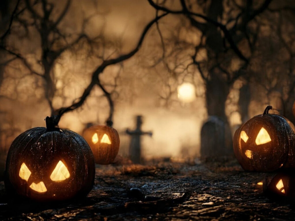 Glowing jack o lanterns with triangular eyes and carved faces sit along a dark woodland path surrounded by bare trees and gravestones. An orange misty sky and eerie cemetery setting reflect the spooky traditions associated with the history of Halloween.