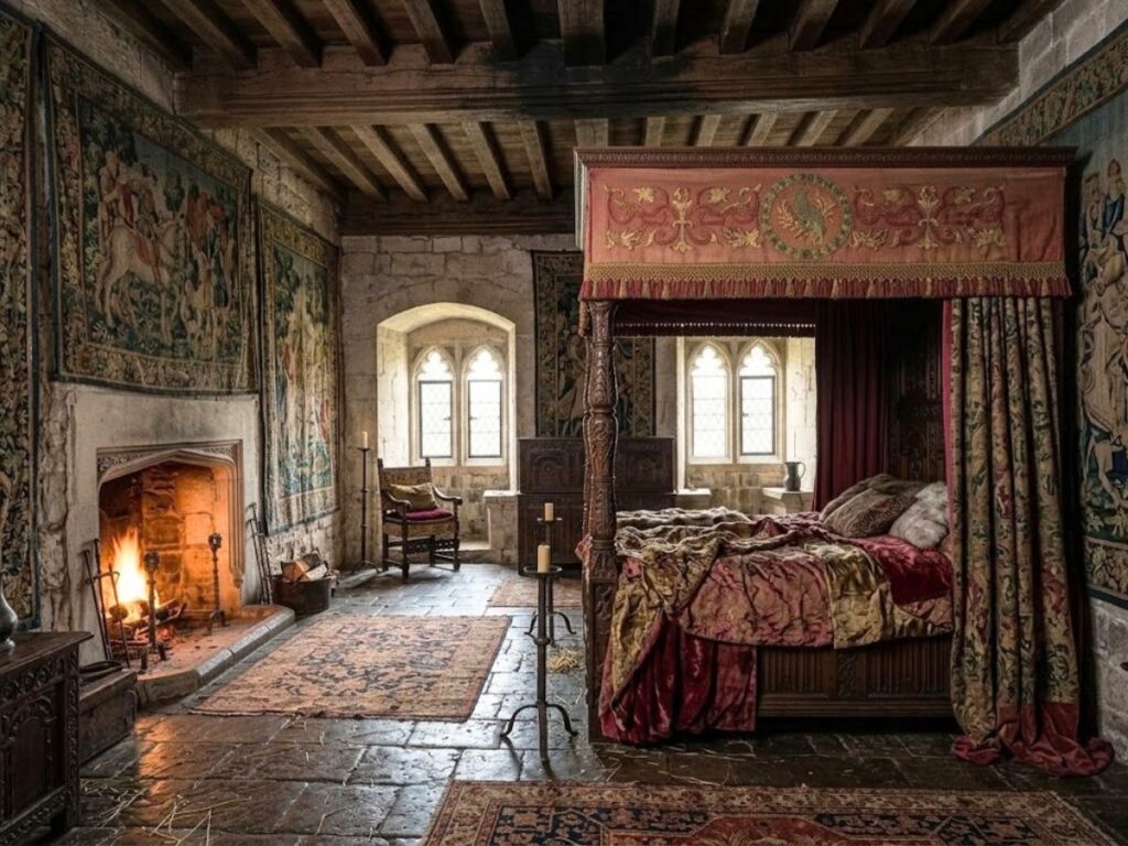 Ornate medieval bed with red patterned curtains and heavy blankets in a stone chamber decorated with large wall tapestries. This richly furnished example of medieval beds sits beside a glowing fireplace and narrow arched windows.