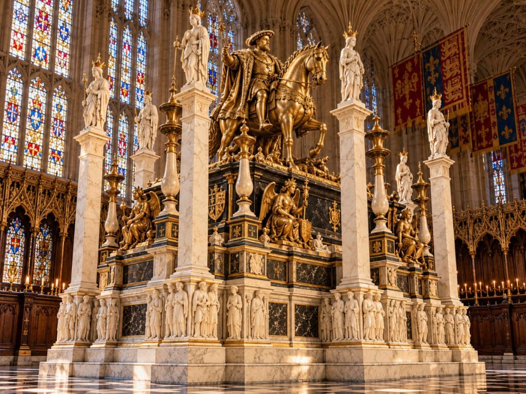 An ornate golden statue of Henry VIII on horseback stands atop a grand marble tomb monument inside St Georges Chapel at Windsor Castle. White statues of crowned figures surround the monument with colorful stained glass windows and royal banners in the background.